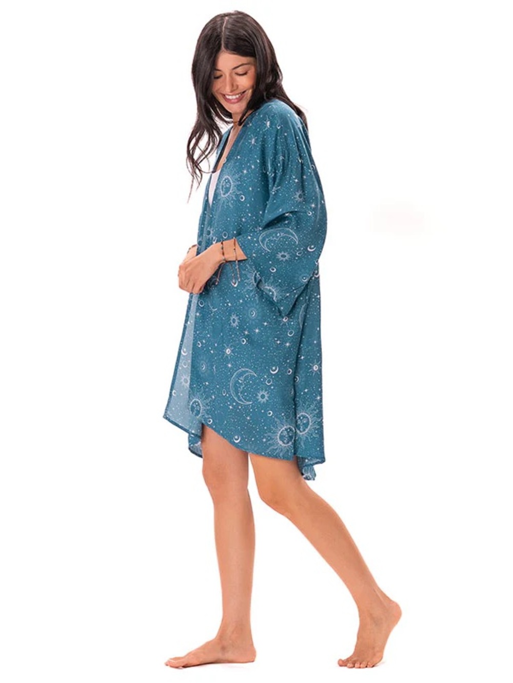 Women's Teal Moon & Star Kimono Cardigan